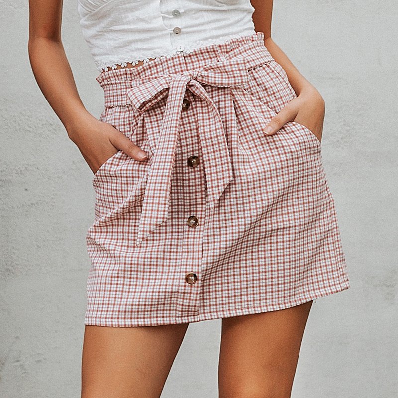 Button high waist straight skirt check pattern - Image 2