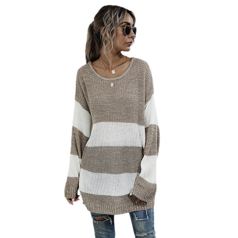 Striped Color Matching Knitted Inner Match Female Mid-length Sweater - Image 8