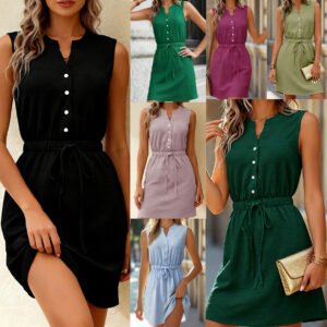 Sleeveless V-neck Elegant Office Midi Dress With A Drawstring Waist