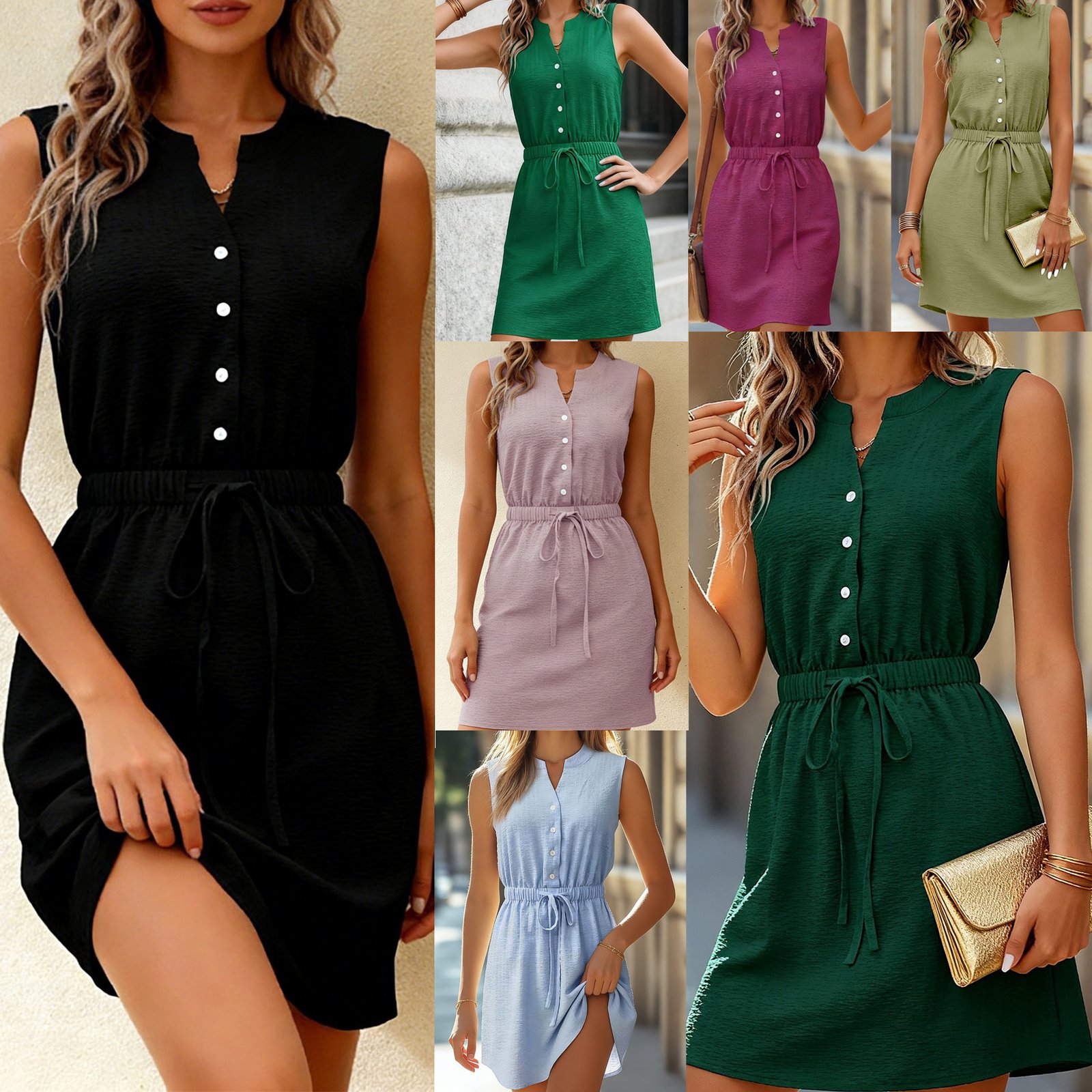 Sleeveless V-neck Elegant Office Midi Dress With A Drawstring Waist