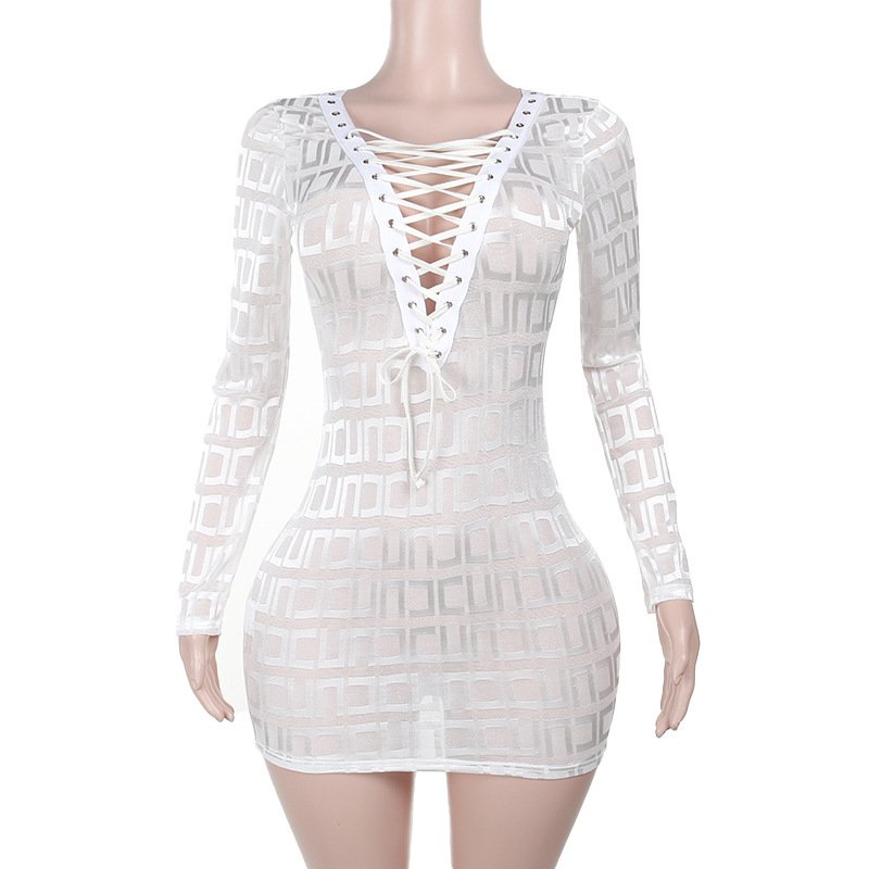 Sexy Hot Girl Long Sleeve Deep V Sexy Mesh Tied Dress - Image 5