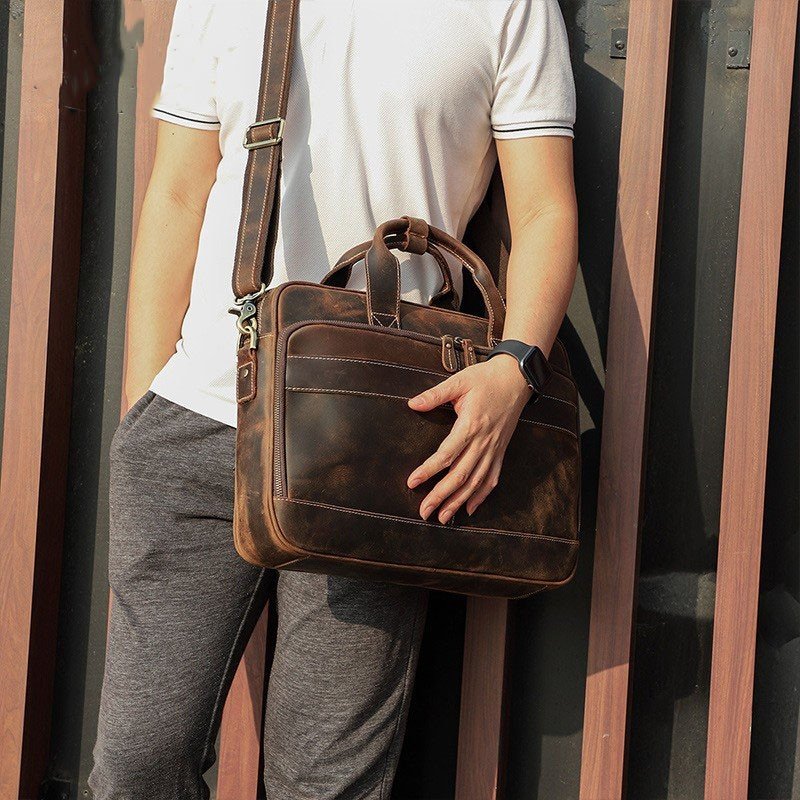 Retro Crazy Horse Leather Multi-Functional Shoulder Briefcase - Image 3