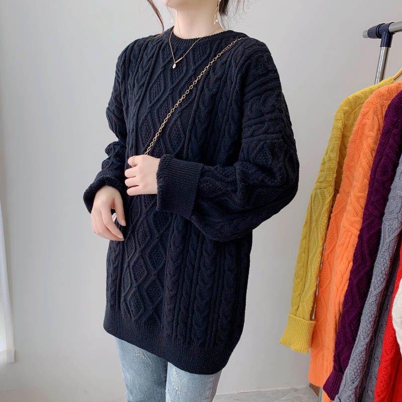 Girls' Mid-length Thickened Sweater Korean Style Lazy Style Loose Pullover Solid Color Crew Neck Coat - Image 7