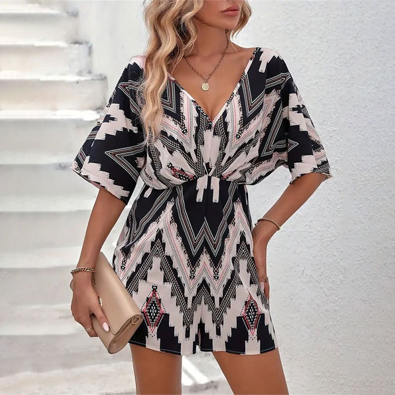 Women's Printed V-neck One-piece Sleeve Loose Jumpsuit - Image 2