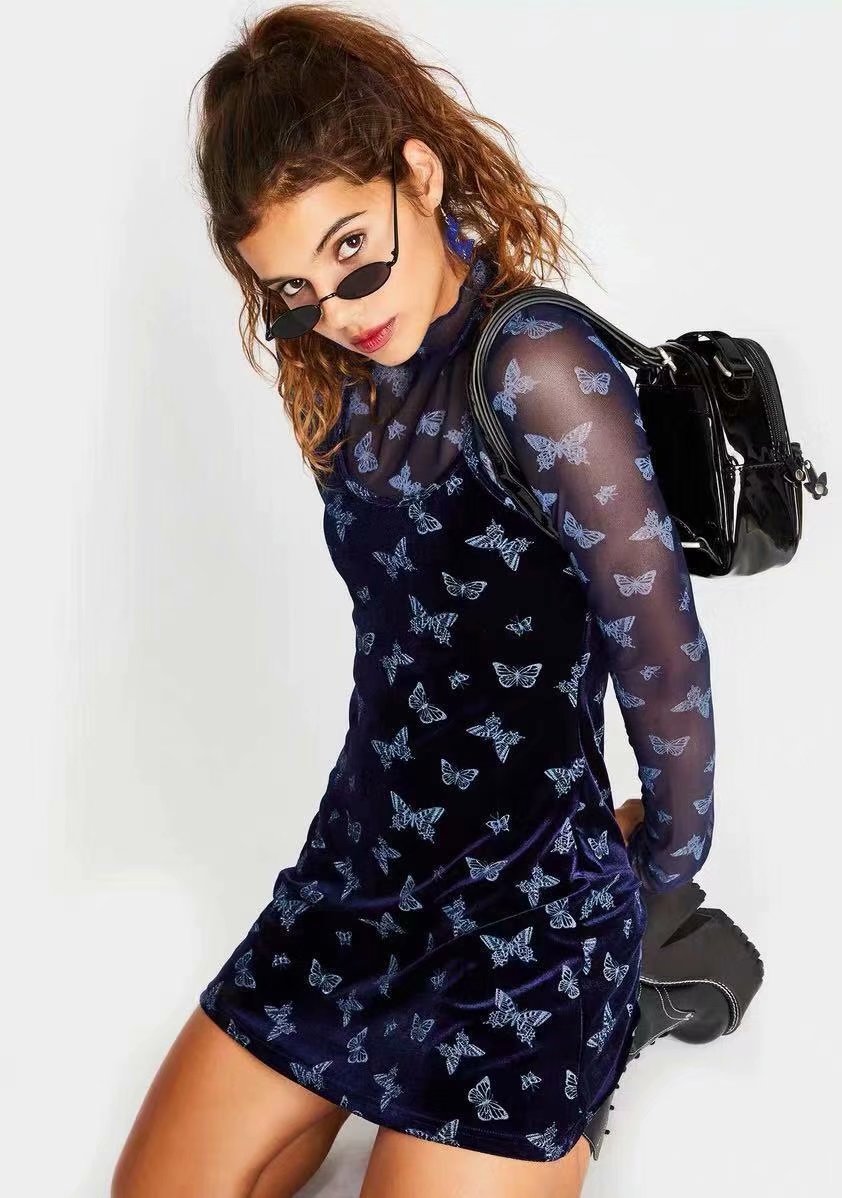 Street Girl Butterfly Print Retro Velvet Slim Suspender Dress Skirt - Image 4