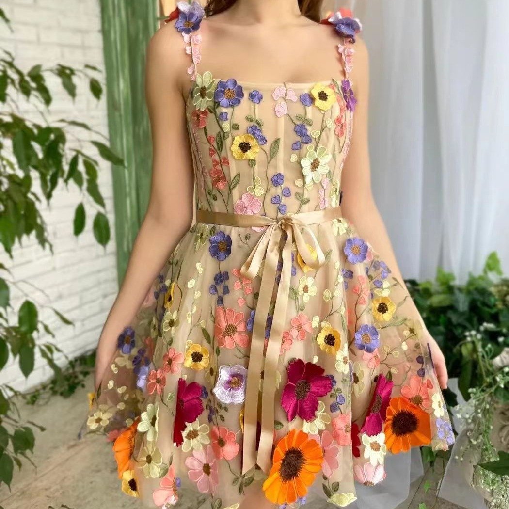 Three-dimensional Flower Embroidery Dress Summer Fashion Sweet A-line Suspender Dresses For Womens Clothing - Image 3