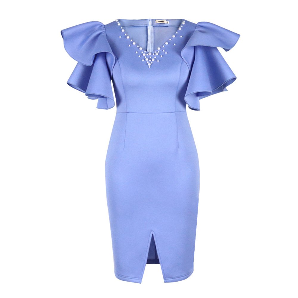 V-Neck Ruffle Sleeves Split Splicing Beaded Plus Size Women's Clothing - Image 3