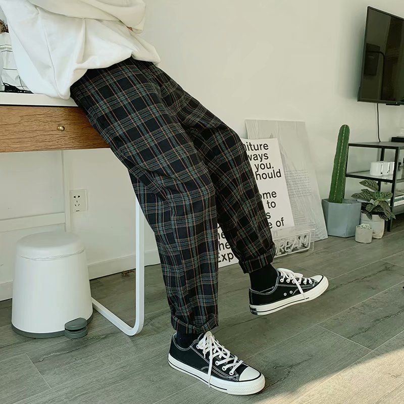 Boys Plaid Casual Pants Korean Style Loose Harem Pants Men - Image 2