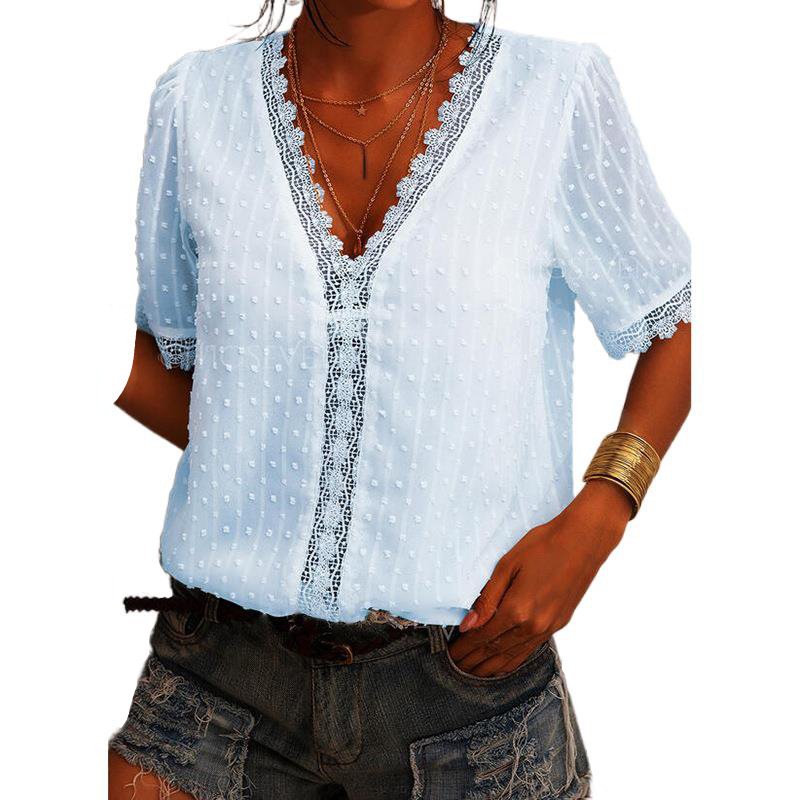 Chiffon Shirt European And American Women Embroidered Lace Short-Sleeved Blouse Women - Image 4