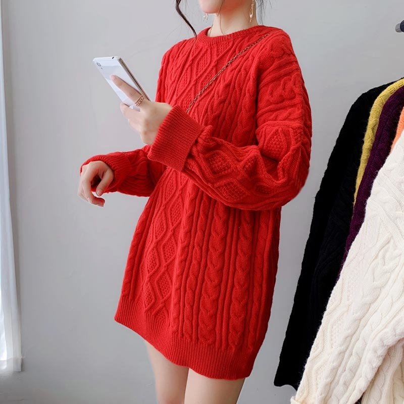 Girls' Mid-length Thickened Sweater Korean Style Lazy Style Loose Pullover Solid Color Crew Neck Coat - Image 4