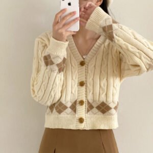 Plaid Hemp Pattern V-neck Single Breasted Cardigan Top