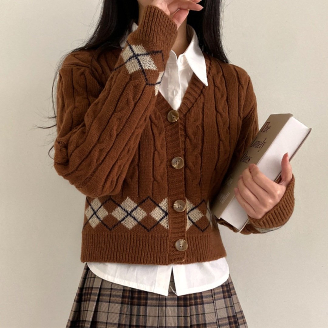 Plaid Hemp Pattern V-neck Single Breasted Cardigan Top - Image 5