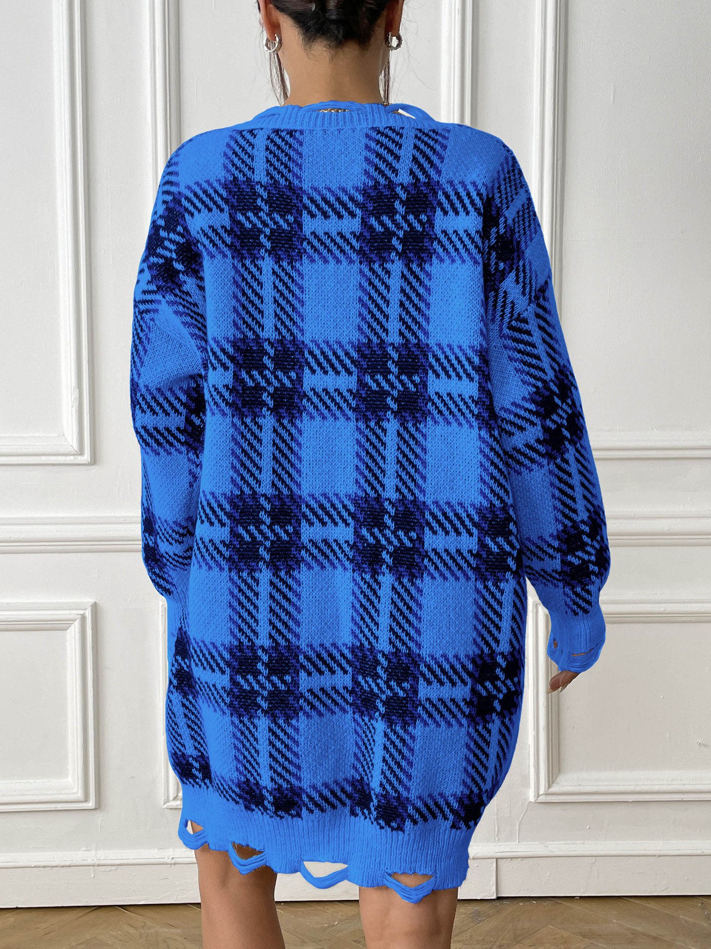 Fashion V-neck Plaid Dress Casual Loose Long-sleeved Dresses Autumn And Winter Women's Clothing - Image 9