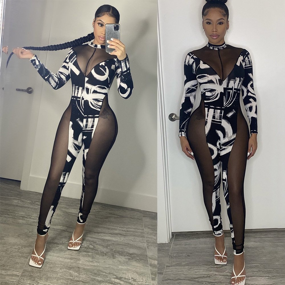 Skinny Mesh Stitching Jumpsuit Women - Image 3