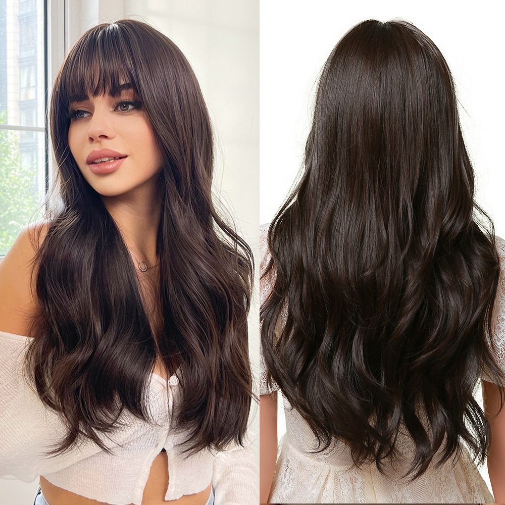 Long Brown Wigs With Bangs Wave Synthetic For Women - Image 2