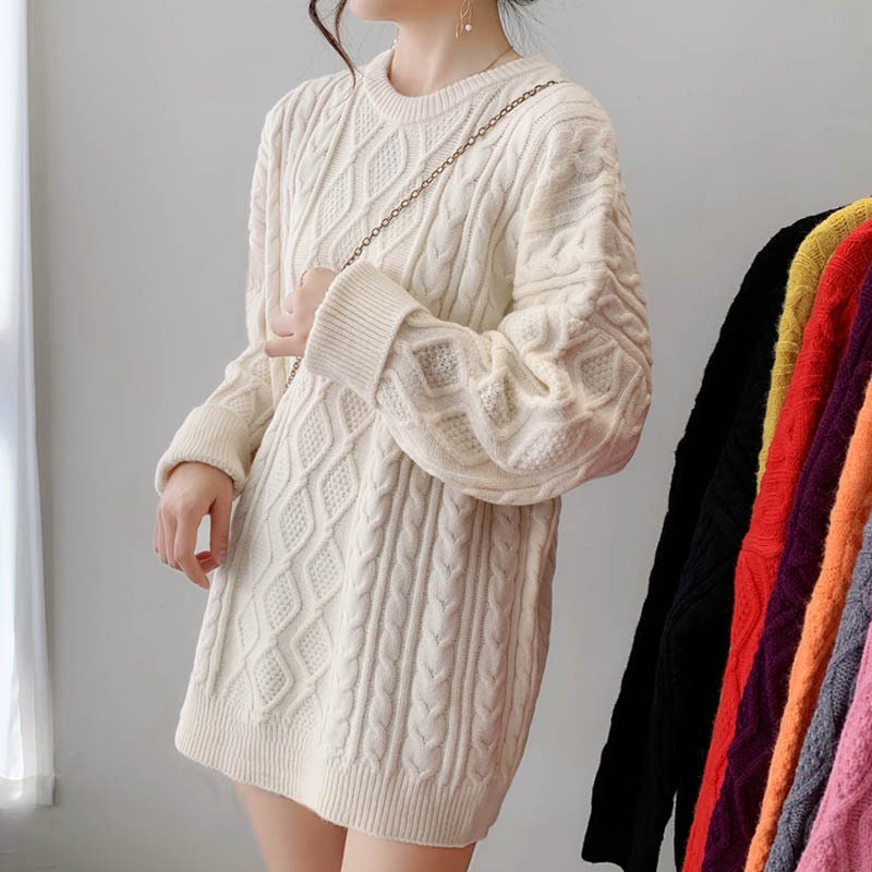 Girls' Mid-length Thickened Sweater Korean Style Lazy Style Loose Pullover Solid Color Crew Neck Coat - Image 3
