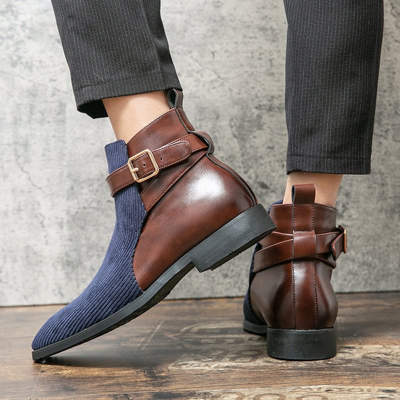 Men's High Top Working Wear Retro Platform British Style Color Block Biker Short Boots - Image 3