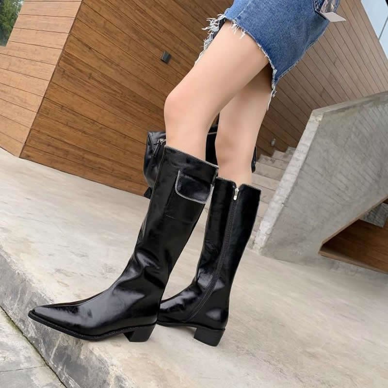 Pointed Retro Mid-heel Mid-tube Thick-heeled Net Red Boots Tide - Image 2