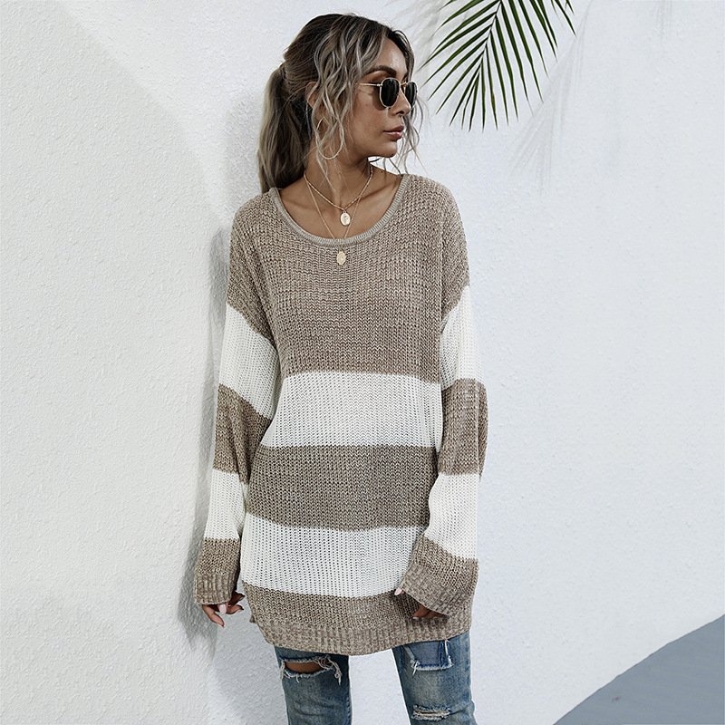 Striped Color Matching Knitted Inner Match Female Mid-length Sweater - Image 4