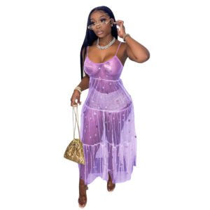 Sling Sequin Mesh Swing Dress Women's