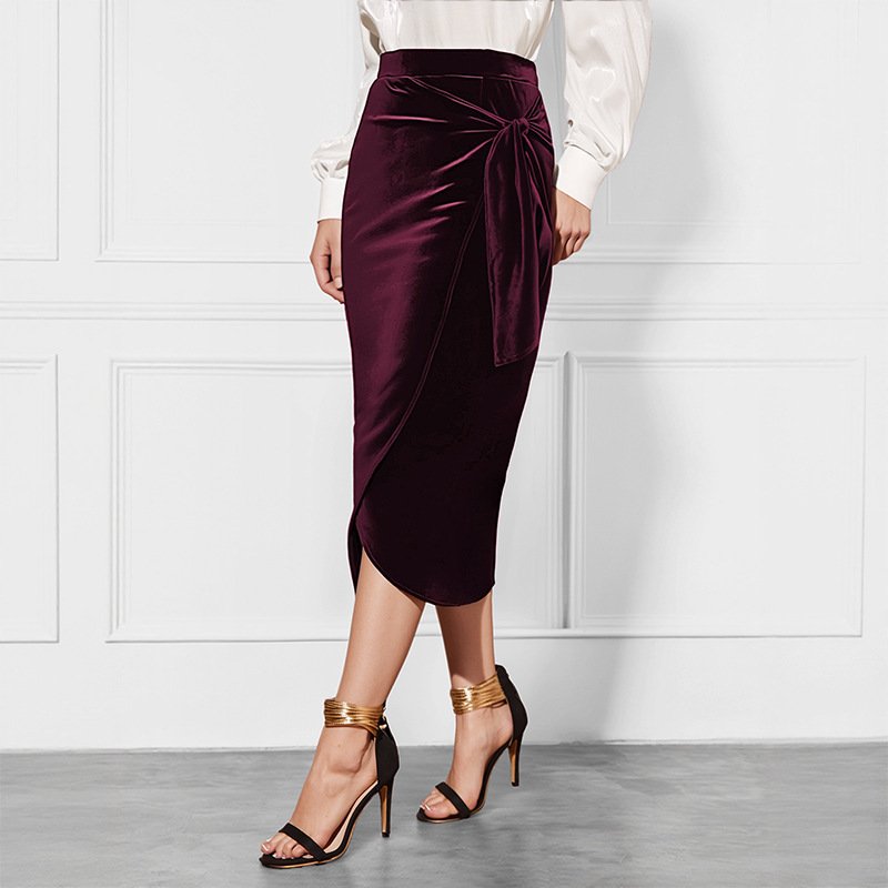 New Solid Color Twisted Skirt Temperament Commute Autumn And Winter Split Velvet Dress - Image 6