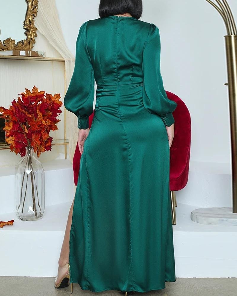Autumn Spring Autumn Elegant Long Sleeve V Neck Plain Party Solid Lantern Sleeve High Slit Wrap Maxi Dress - Image 4