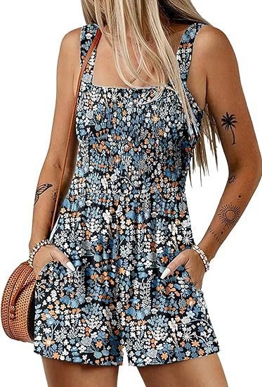Flower Print Shorts Jumpsuit Summer Fashion Sleeveless Beach Bodysuit - Image 4