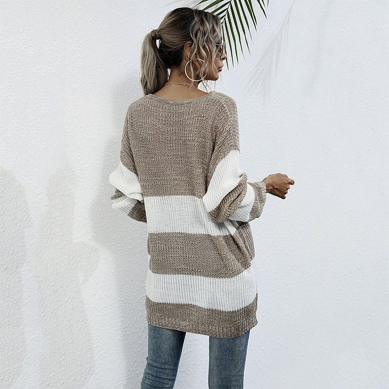 Striped Color Matching Knitted Inner Match Female Mid-length Sweater - Image 2