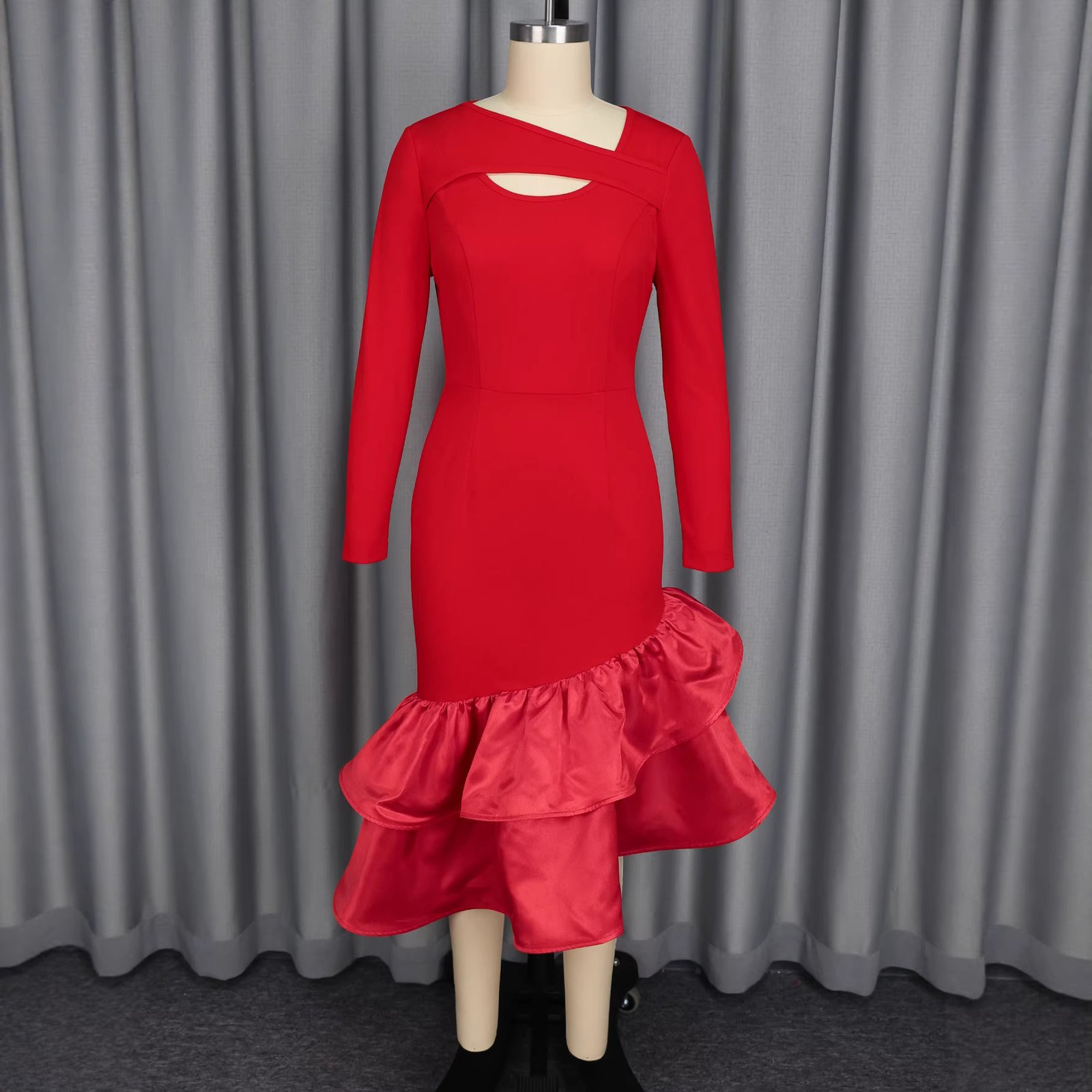 Red Off-shoulder Hollow-out Long-sleeve Dress With Satin Ruffled Hem - Image 2