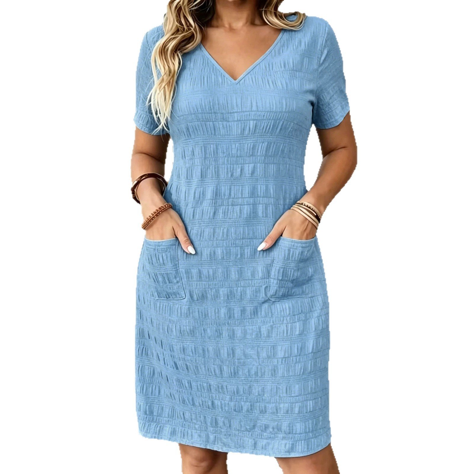 Plus-size Womens Solid-color V-neck Short-sleeve Dress - Image 5