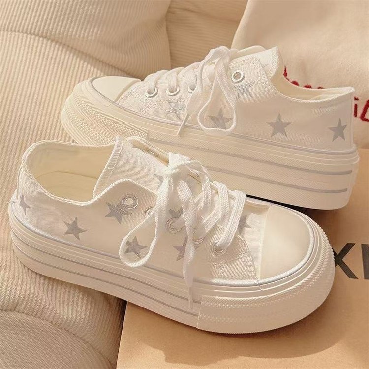 Women Thick Sole Canvas Shoes Height Increase White Sneakers Autumn New Breathable Student Casual Star Skate Shoes For Dress Matching - Image 2