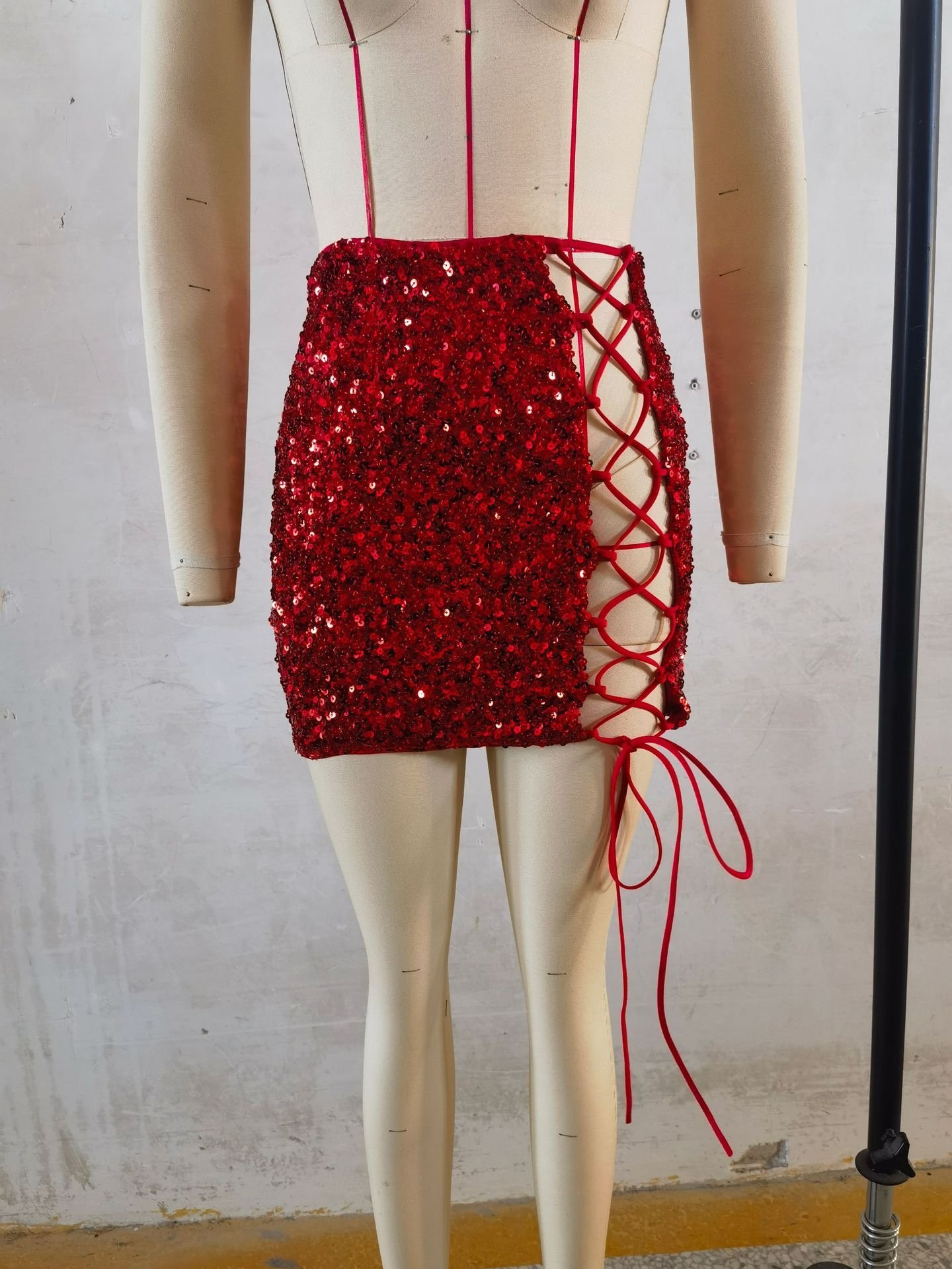 Women's Lace-Up Sequin Skirt - Short A-Line Party Skirt with Shiny Metallic Flakes and Adjustable Front Lacing - Image 6
