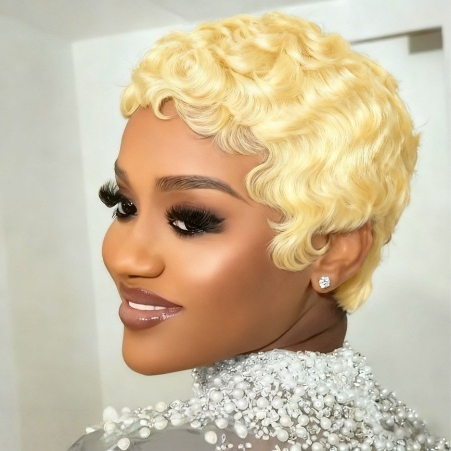 Blonde Curly Pixie Cut With Wave Human Hair - Image 3