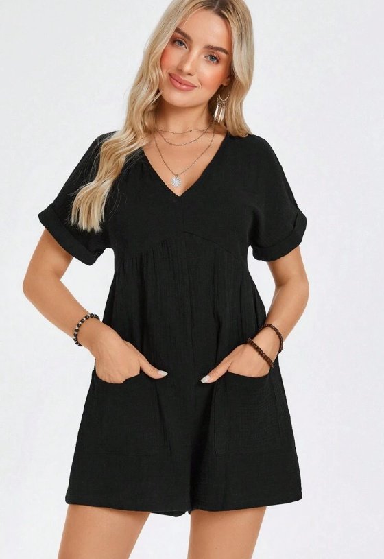 Batwing Sleeve Pocket Patched Romper - Image 5