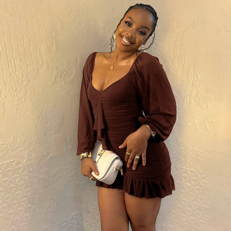 U-neck Backless Long Sleeve Short Dress - Image 2