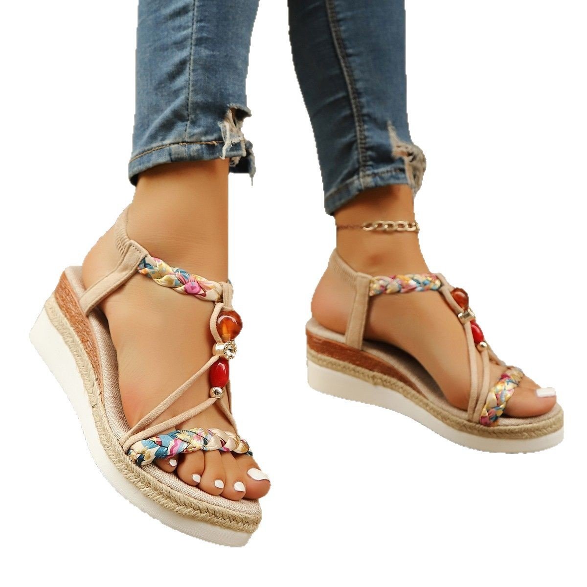Rhinestone Beaded Wedge Fashion High Heels Platform Women - Image 4
