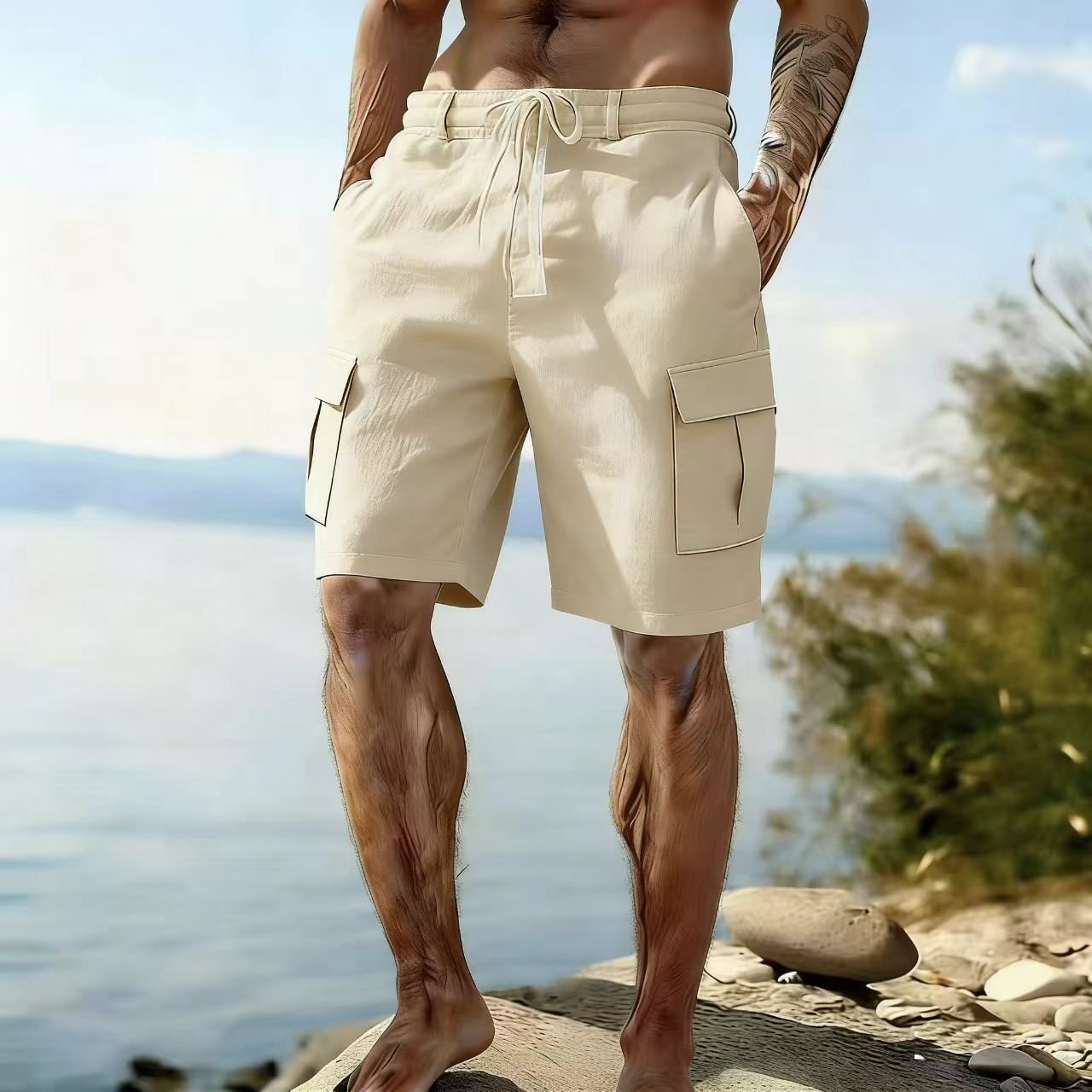 Casual Beach Cotton-linen Cargo Shorts For Men - Image 7