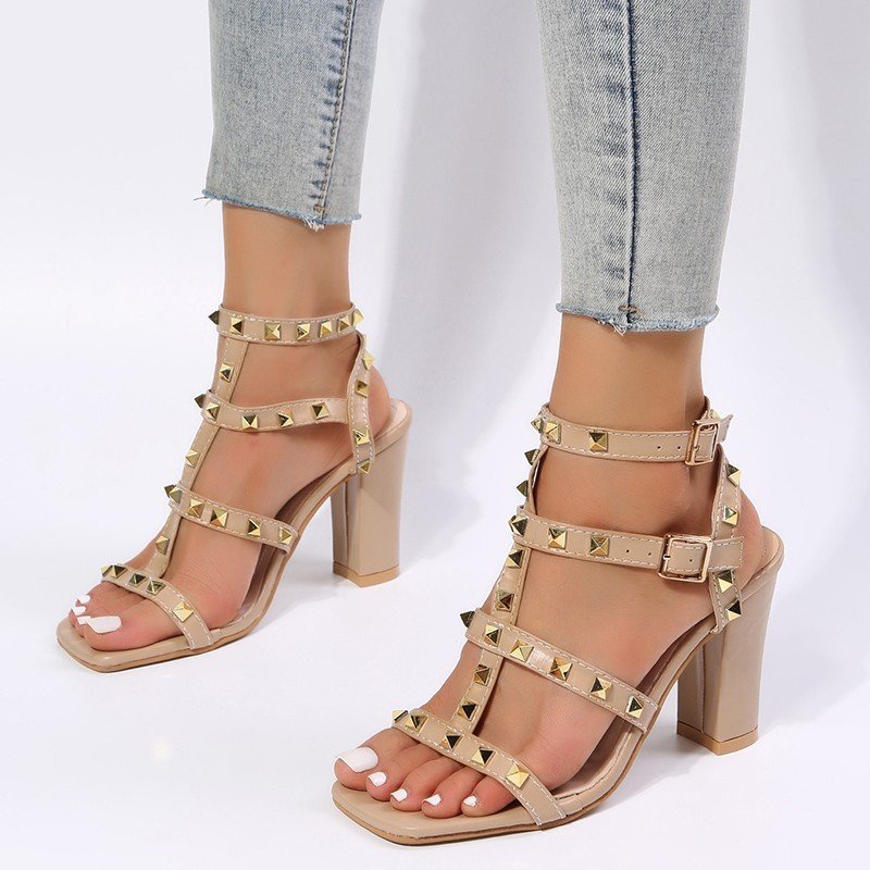 Rivet Sandals Women Buckle Strap Square-toe High Heels Shoes Gladiator - Image 6