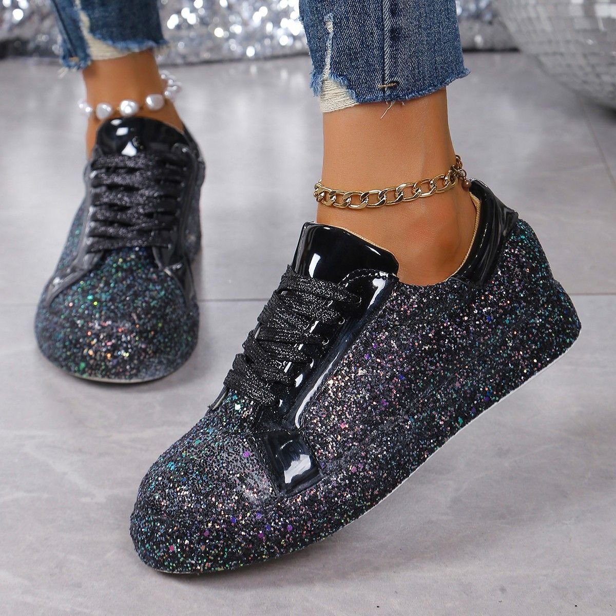 Plus Size Sequins Casual Fashion Shoes Women Front Lace Up Sneaker Women - Image 3