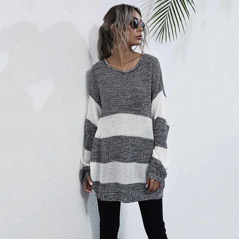 Striped Color Matching Knitted Inner Match Female Mid-length Sweater - Image 5