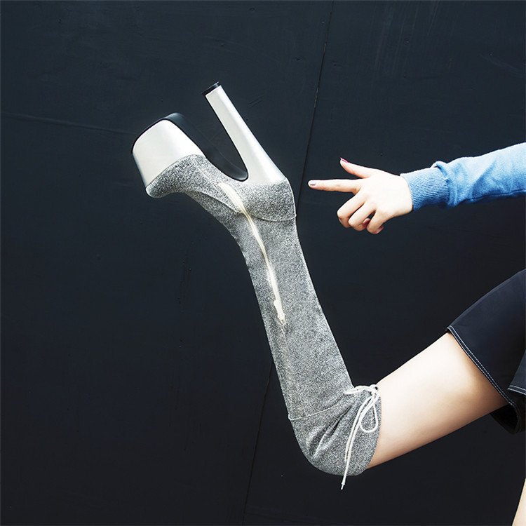 Womens Thigh Bling Sequined Cloth Platforms High Heels Long Boots - Image 3