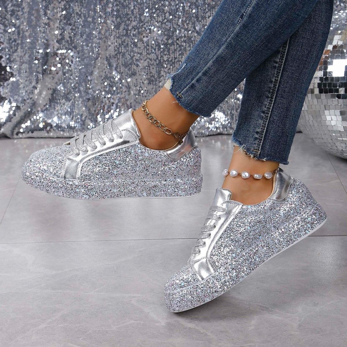 Plus Size Sequins Casual Fashion Shoes Women Front Lace Up Sneaker Women - Image 6