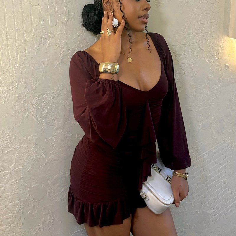 U-neck Backless Long Sleeve Short Dress - Image 4