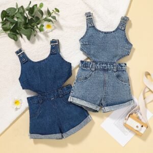 Girls' Two-color Sleeveless Cowboy Siamese Shorts