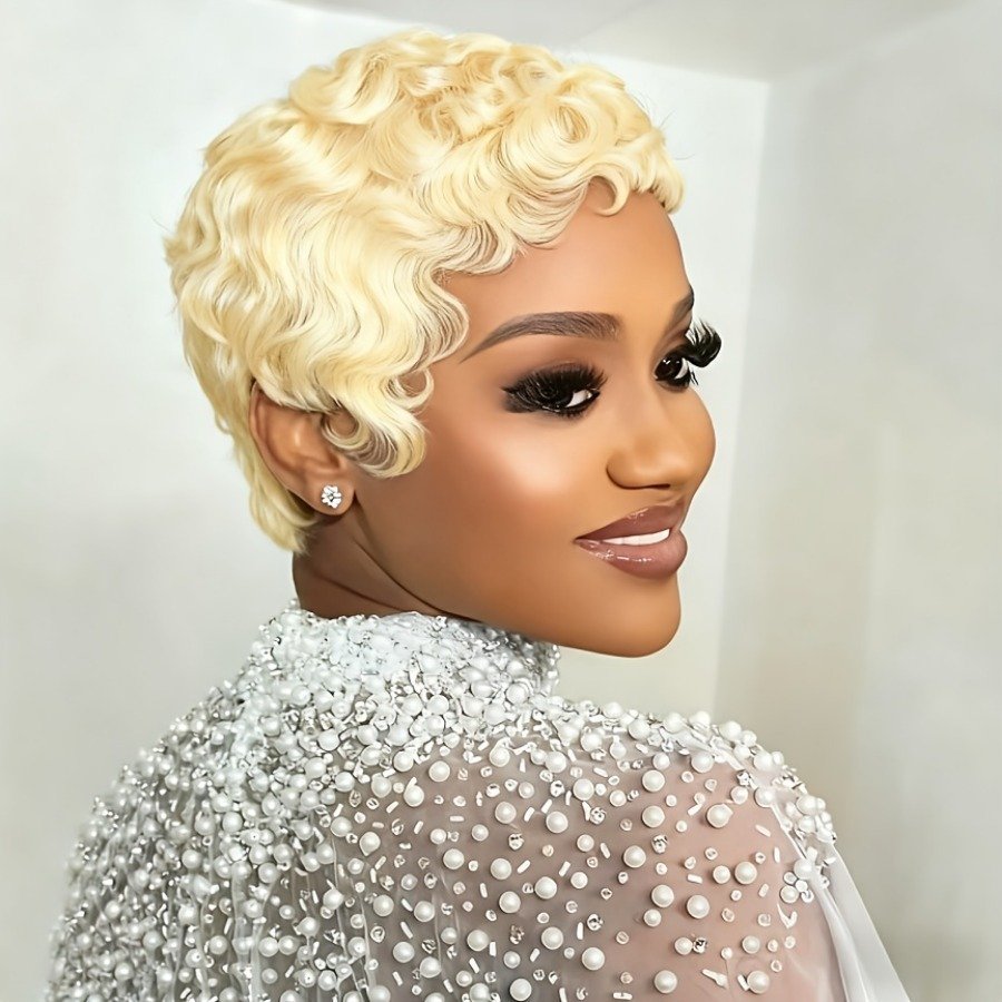 Blonde Curly Pixie Cut With Wave Human Hair - Image 5