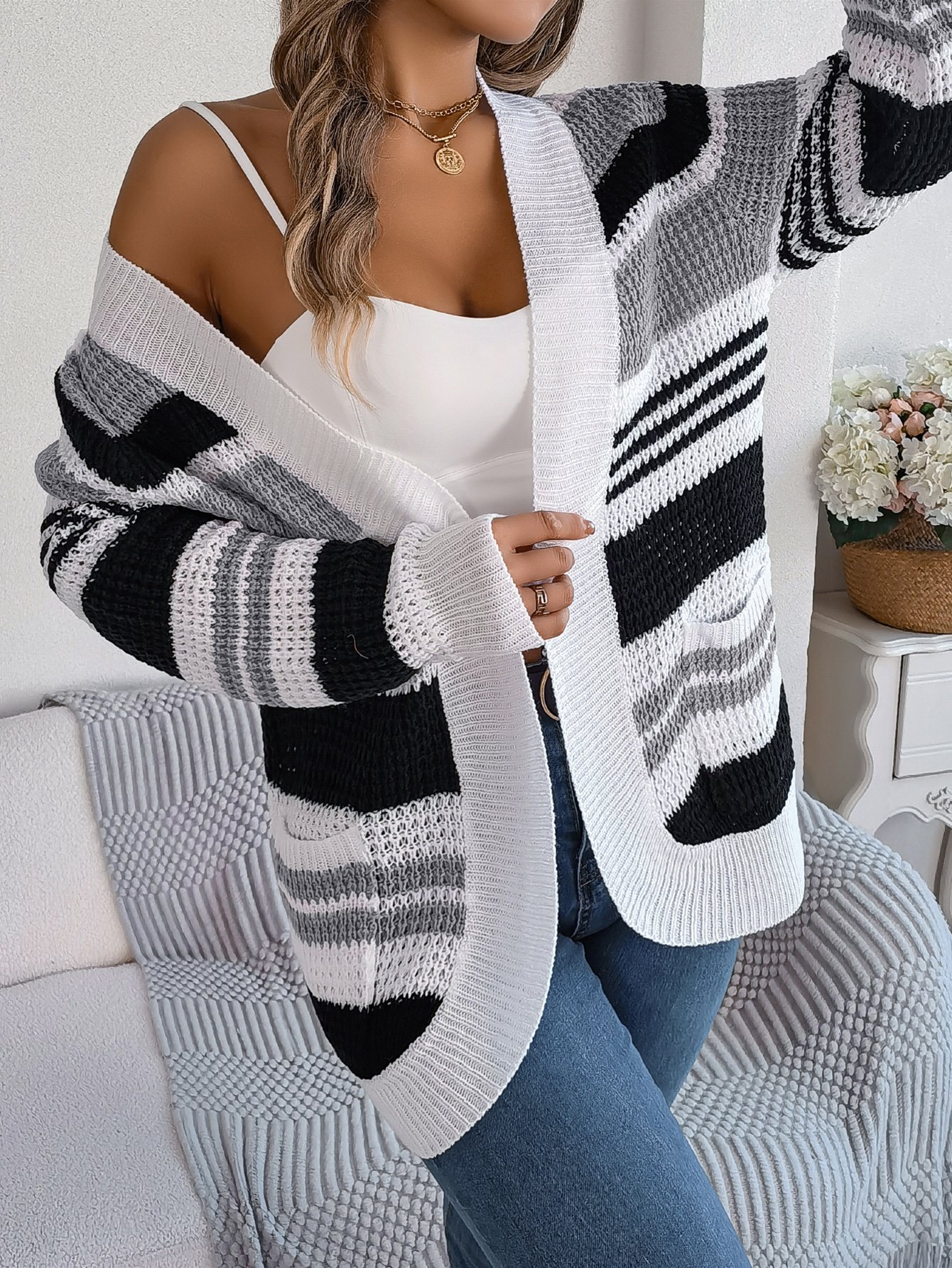 Women Casual Color Block Stripe Pocket Long Sleeve Cardigan Sweater - Image 9