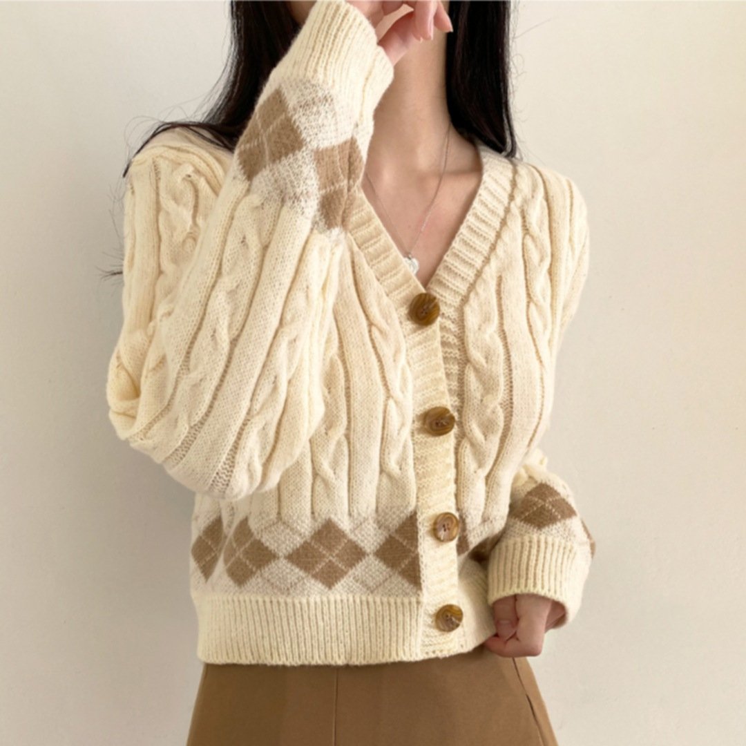 Plaid Hemp Pattern V-neck Single Breasted Cardigan Top - Image 3