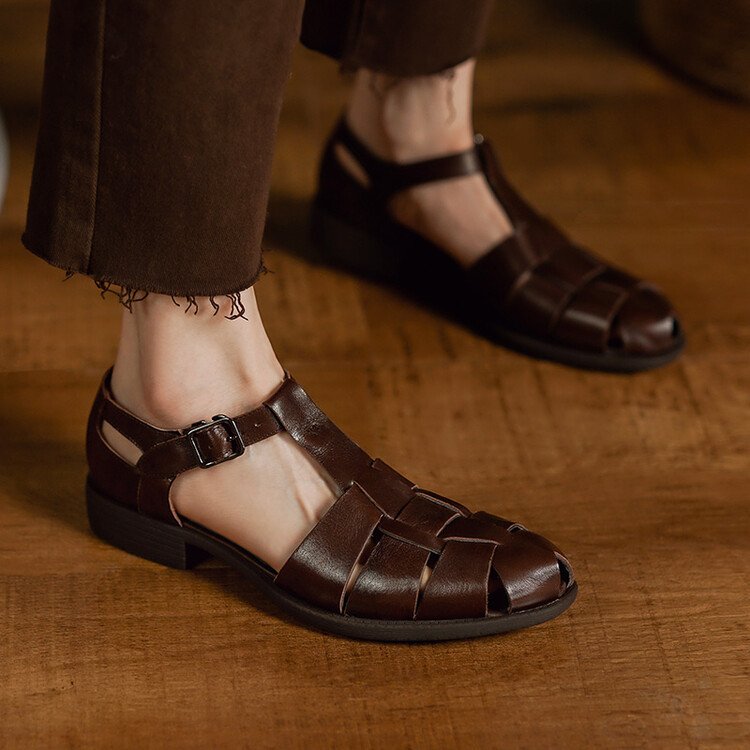 Summer Low Heel Pig Cage Shoes Chunky Heel Retro Roman Sandals For Women - Image 2