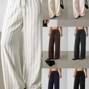 New Cross-Border European And American Casual Loose Striped Drawstring Elastic Waist Color-Block Multi-Color Wide-Leg Pants For Women
