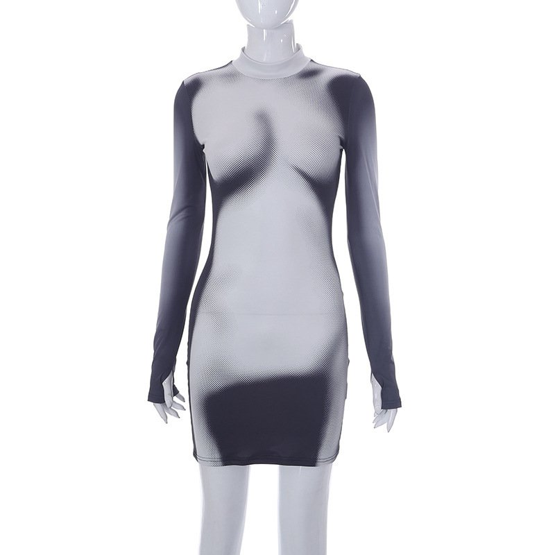 Women's Fashion Temperament Body Printed Long-sleeved Slim Round Neck Short Dresses - Image 4